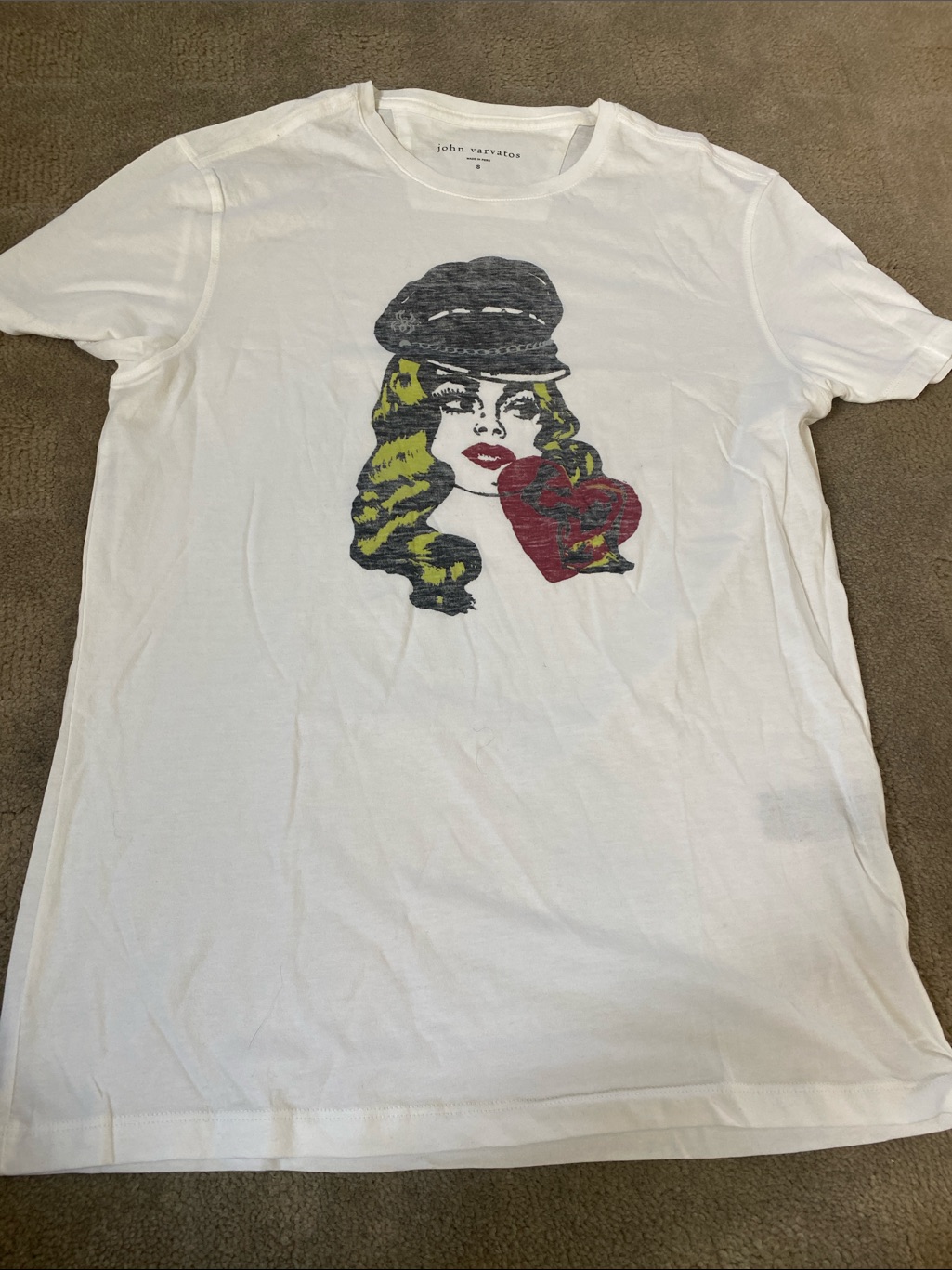 John Varvatos White Tee With Blonde And Black Pop-Art Woman And Red Heart